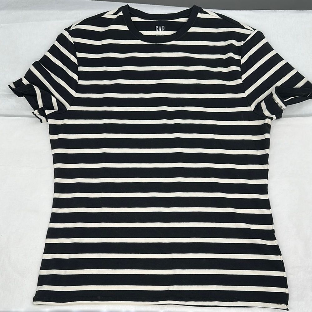Gap Shirt Wm Extra Large XL Tall Black Off White Short Sleeve Stretch Striped